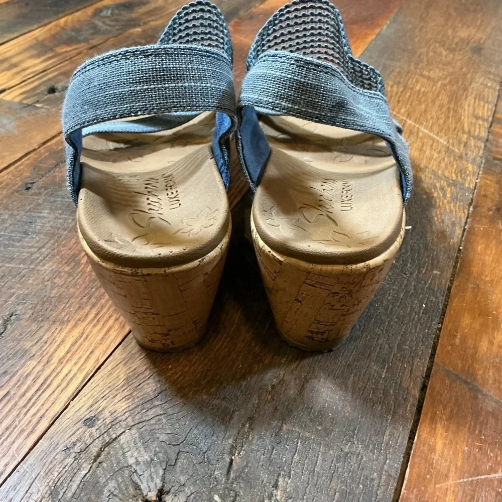 Skechers Women’s Beverlee High Tea Wedge Sandals with Denim Blue Straps Size 7.5